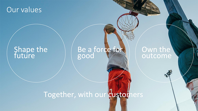 Text our values, shape the future, be a force for good, own the outcome, Together, with our customers overlaid on a picture of a basket ball player jumping to score (photo)