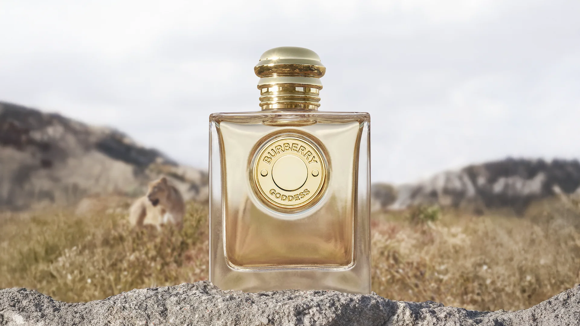 Gold perfume bottle in natural environment (photo)