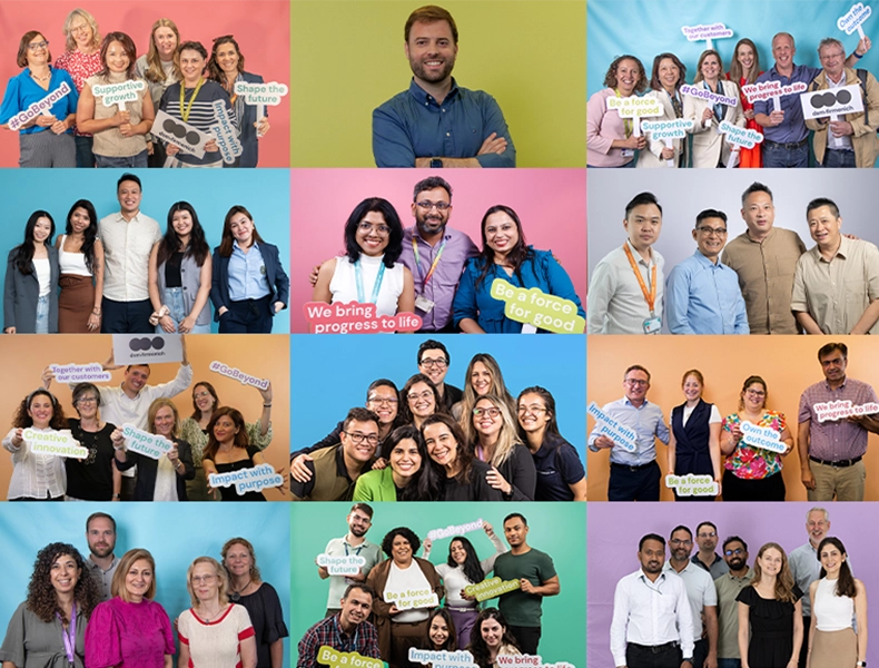 A collage of diverse teams and individuals posing against colorful backgrounds, smiling and holding signs with positive messages. (photo)