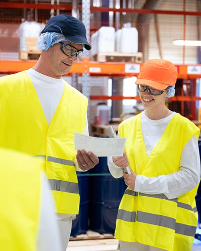 Two colleagues smiling and talking indoors. (photo)